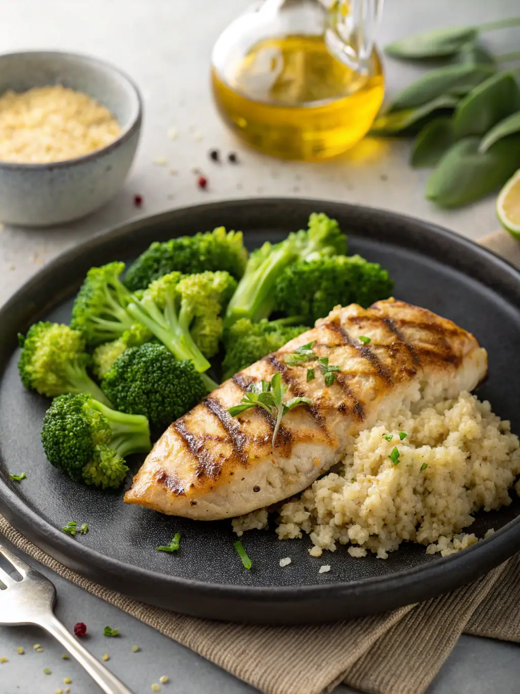 A close-up shot of a plate featuring grilled salmon with a side of steamed broccoli and quinoa, highlighting the textures and colors of the dish, set against a clean, modern background.