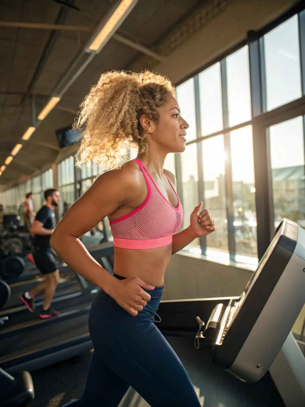 A person running on a treadmill in a fitness center, highlighting cardiovascular endurance.