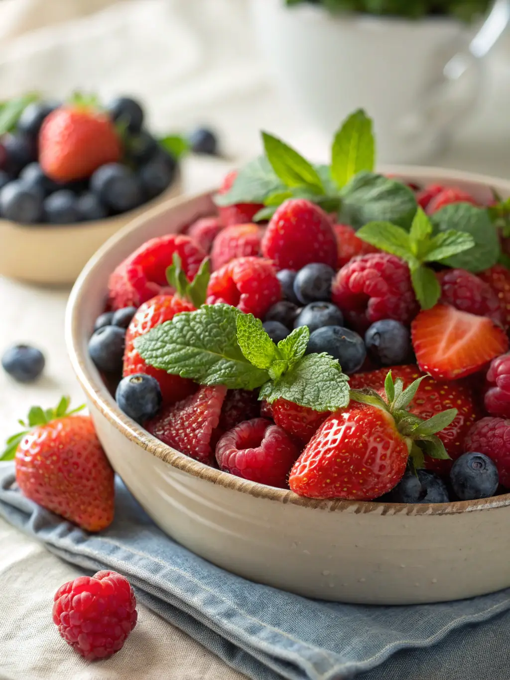 A visually appealing image of a fruit platter featuring a variety of fresh fruits such as strawberries, blueberries, kiwi, and oranges, arranged artfully on a white ceramic plate, with a bright and airy background.