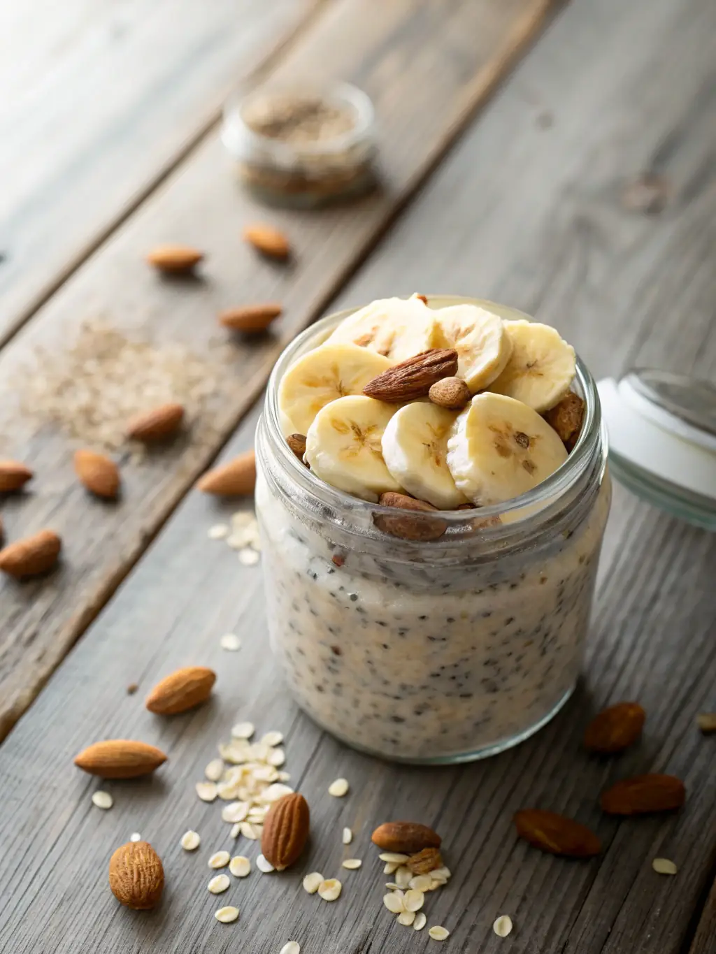 A bowl of oatmeal topped with sliced bananas, walnuts, and a drizzle of honey, showcasing the creamy texture and wholesome ingredients, placed on a rustic wooden surface with a soft, natural light.
