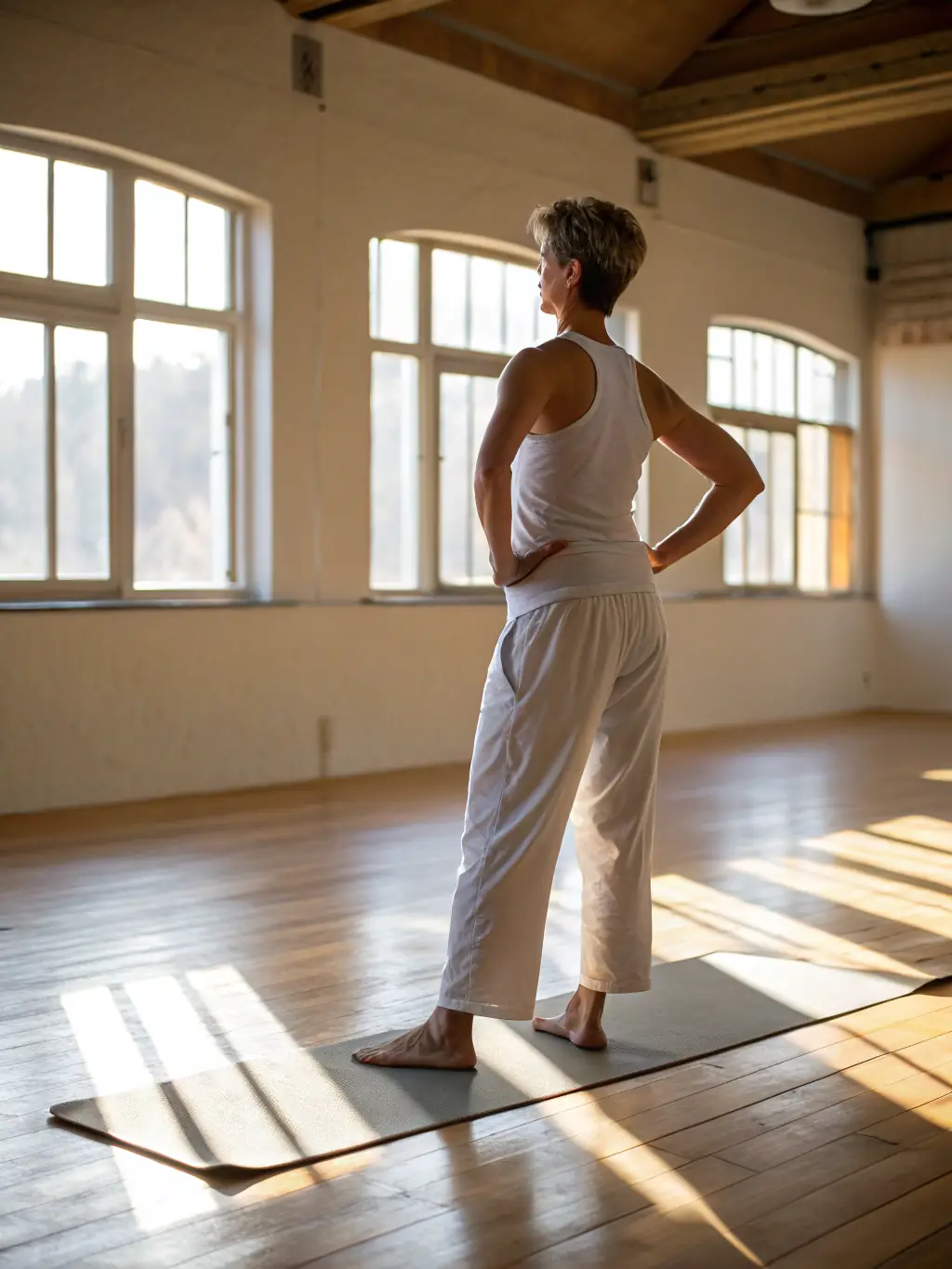 A woman doing yoga poses on a mat in a serene studio, emphasizing flexibility and balance.