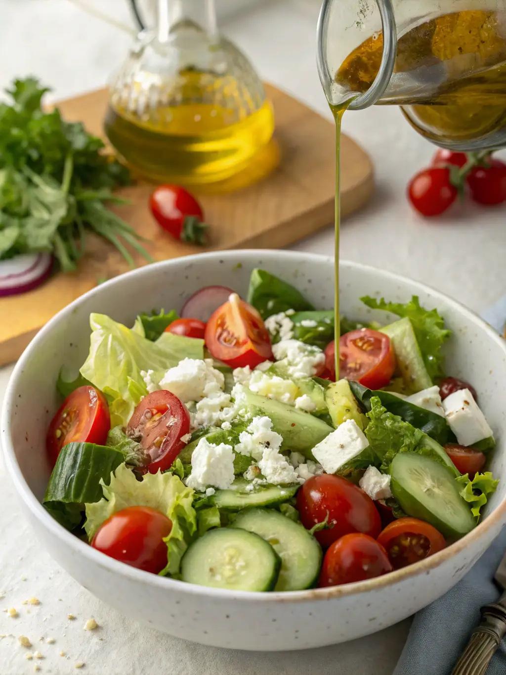 A vibrant image of a colorful salad with mixed greens, cherry tomatoes, cucumber, bell peppers, and a light vinaigrette dressing, presented in a clear glass bowl on a wooden table, emphasizing fresh and healthy ingredients.