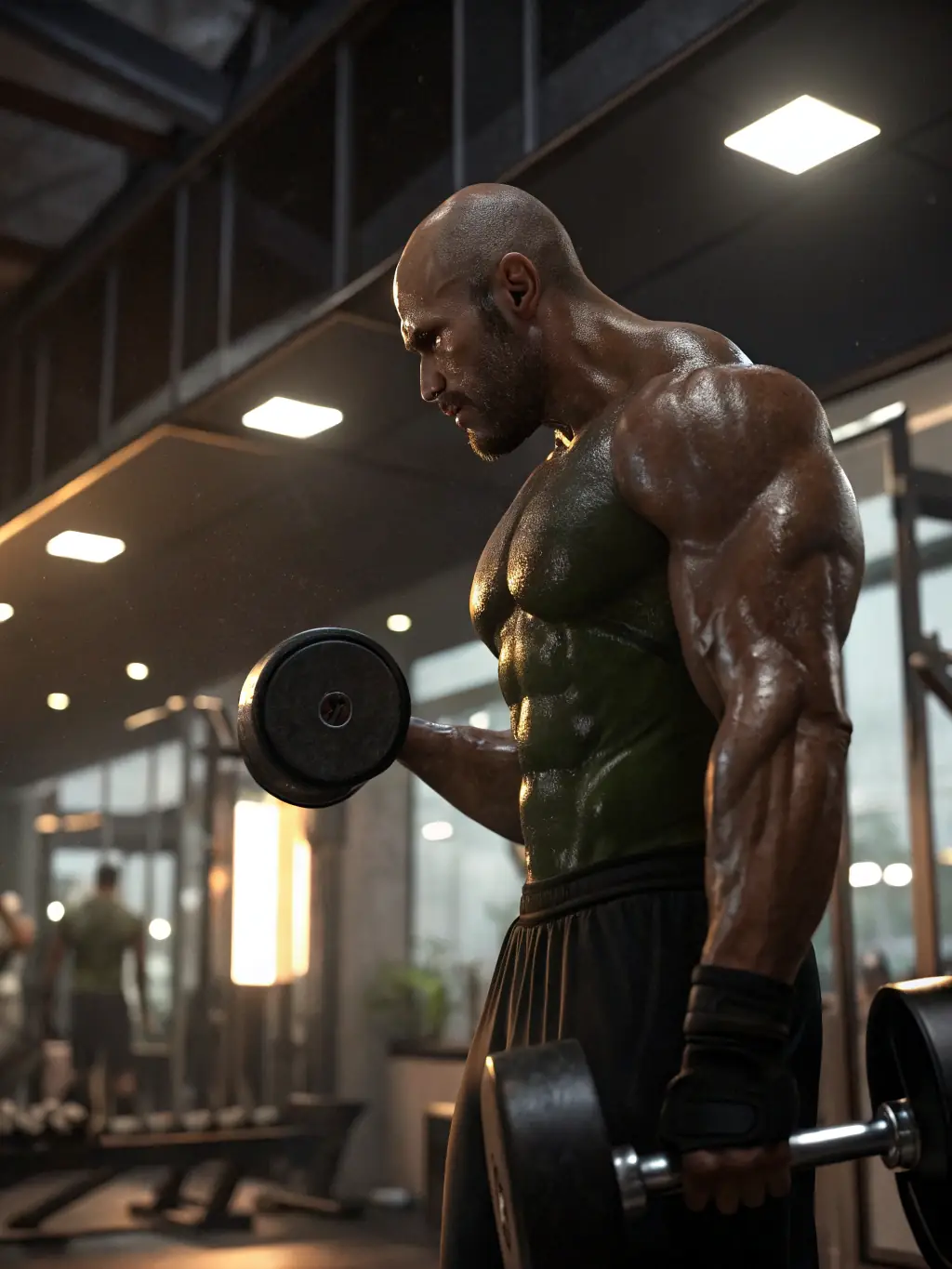 A muscular man performing a bicep curl with dumbbells in a modern gym setting, showcasing strength training.