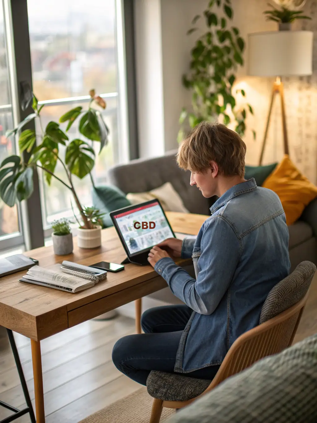 An image of a person reading an article on a tablet about the benefits of a specific diet, showcasing the educational resources available.