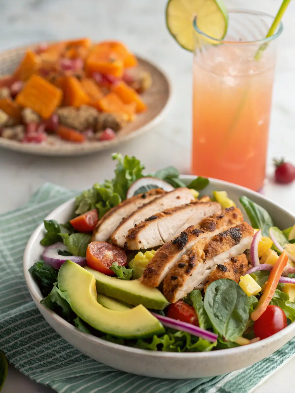 A vibrant image of a colorful salad with various fresh vegetables and grilled chicken, presented in a modern kitchen setting, emphasizing healthy eating.