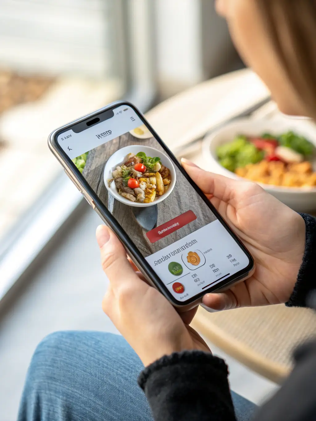 A close-up shot of a person using a mobile app to track their calorie intake, showcasing the interactive tools for personalized nutrition plans.